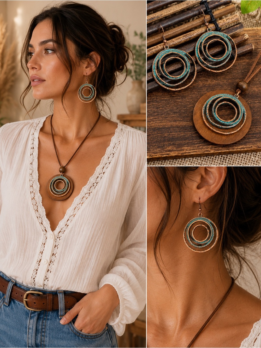 Bohemian Turquoise and Brown Layered Hoop Necklace & Earring Set